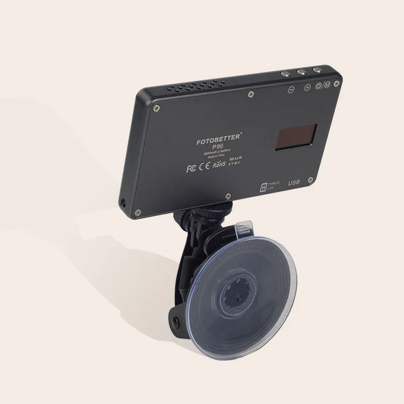 Black aluminium alloy LED video conference light panel with 96 LEDs, showing Type-C port and 1/4 inch mount thread.