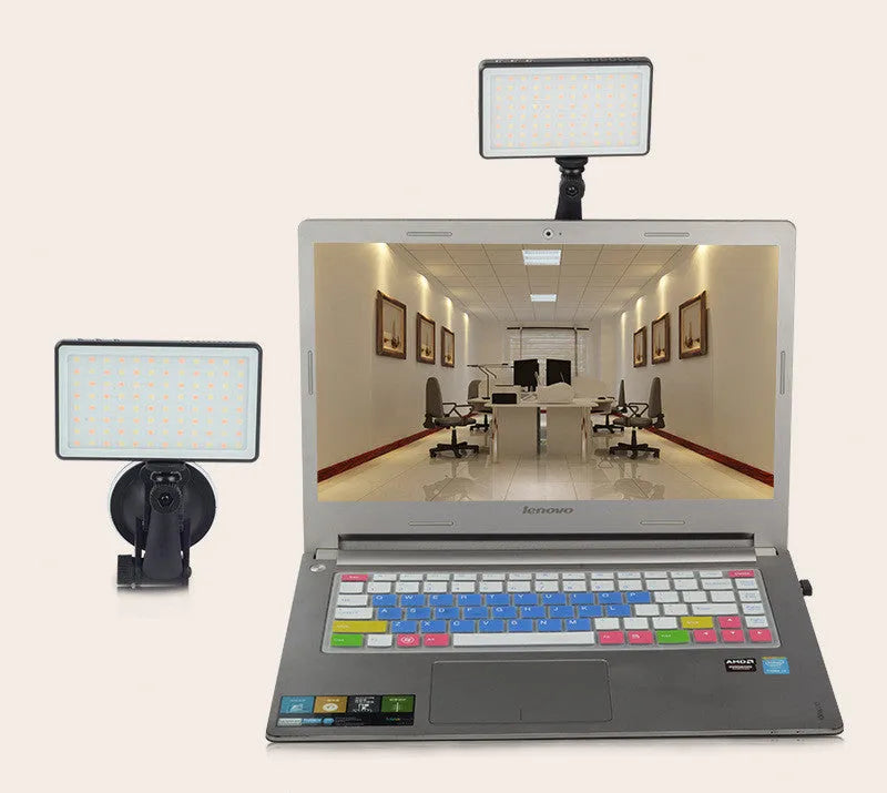 Black aluminium alloy LED video conference light panel with 96 LEDs, showing Type-C port and 1/4 inch mount thread.