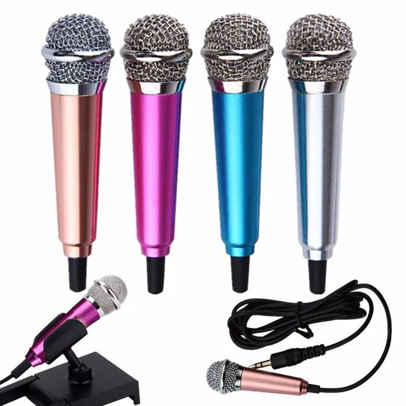 Mini karaoke condenser wired microphone with 3.5mm plug for Android phones in blue, gold, red, or silver colours
