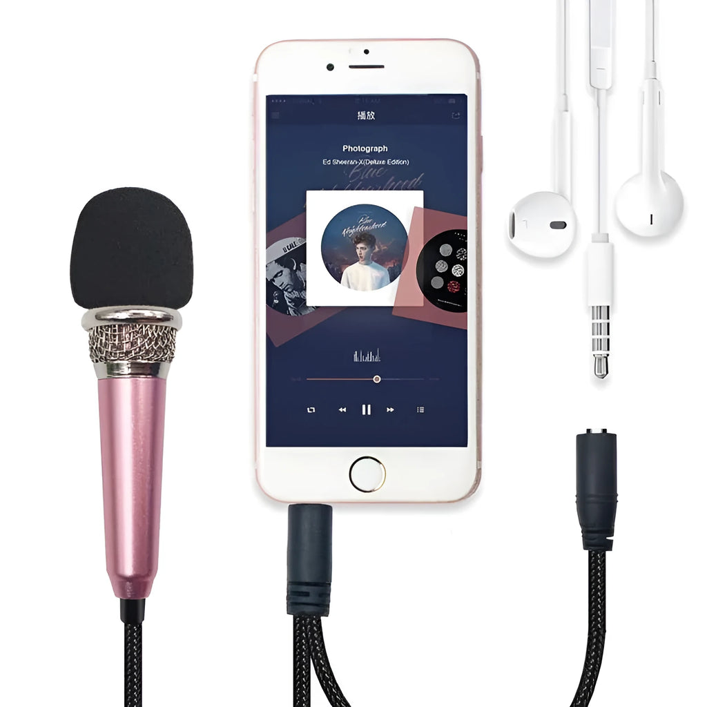 Mini karaoke condenser wired microphone with 3.5mm plug for Android phones in blue, gold, red, or silver colours