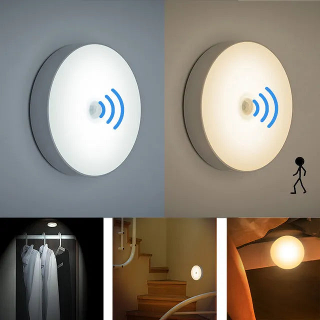 Small white USB rechargeable motion sensor LED night light with adhesive backing