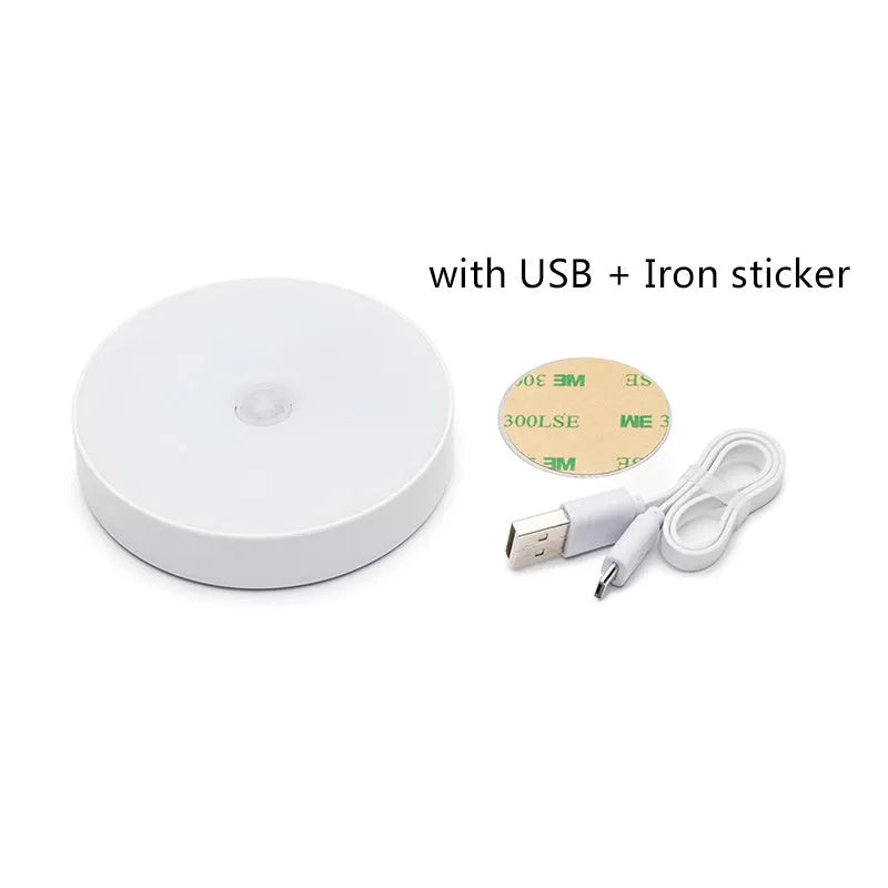 Small white USB rechargeable motion sensor LED night light with adhesive backing