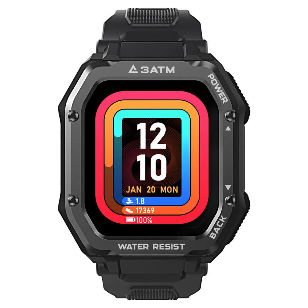 Army green rugged smart watch with 1.69-inch display showing sports metrics on silicone wristband