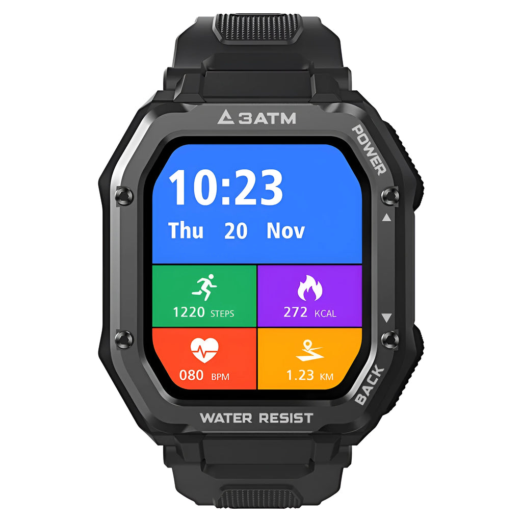 Army green rugged smart watch with 1.69-inch display showing sports metrics on silicone wristband