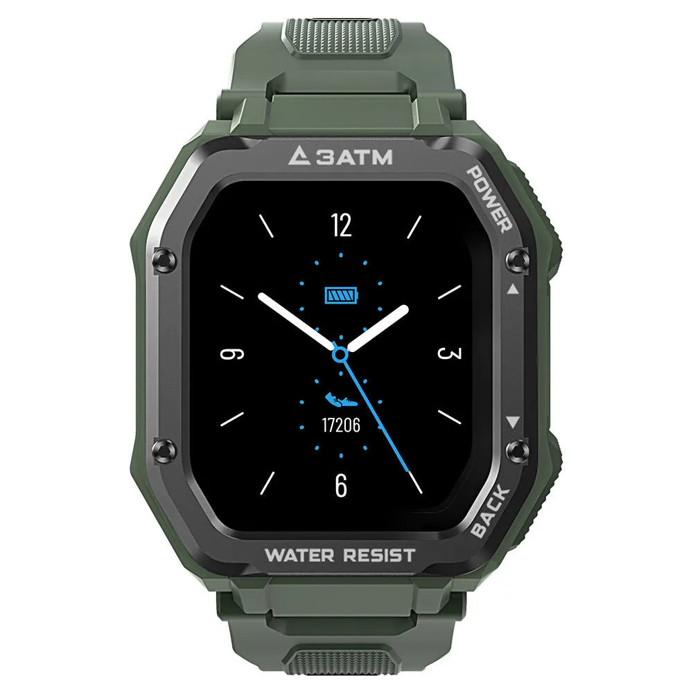 Army green rugged smart watch with 1.69-inch display showing sports metrics on silicone wristband