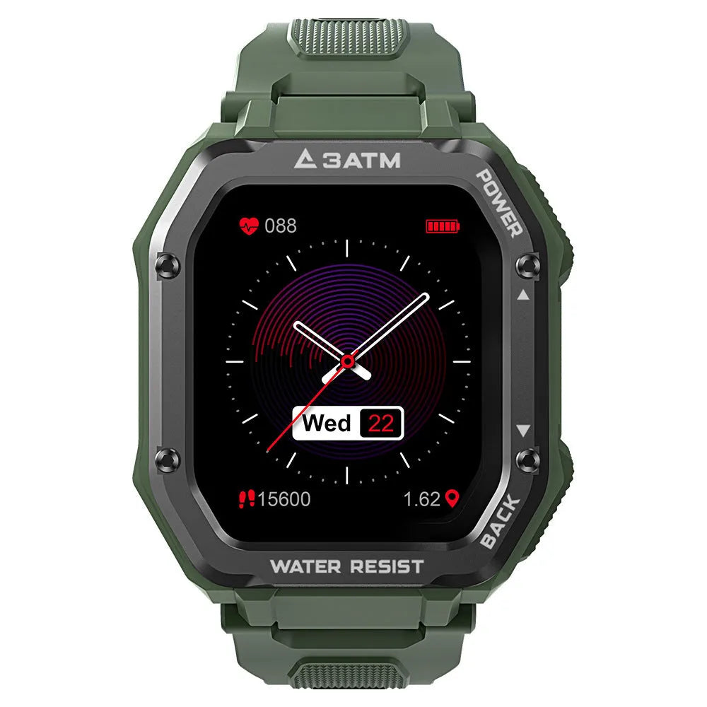 Army green rugged smart watch with 1.69-inch display showing sports metrics on silicone wristband