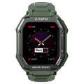 Army green rugged smart watch with 1.69-inch display showing sports metrics on silicone wristband
