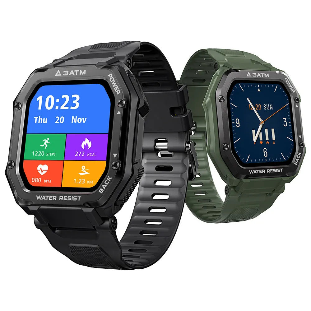 Army green rugged smart watch with 1.69-inch display showing sports metrics on silicone wristband