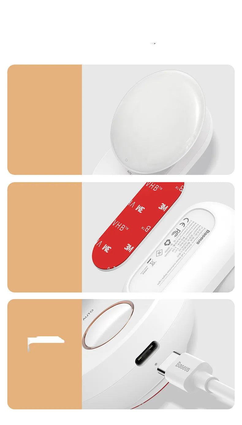 White Baseus rechargeable sensor night light with motion detection and warm LED glow.
