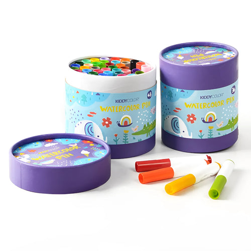 Children's plastic barrel watercolour pen set showing washable non-toxic pens
