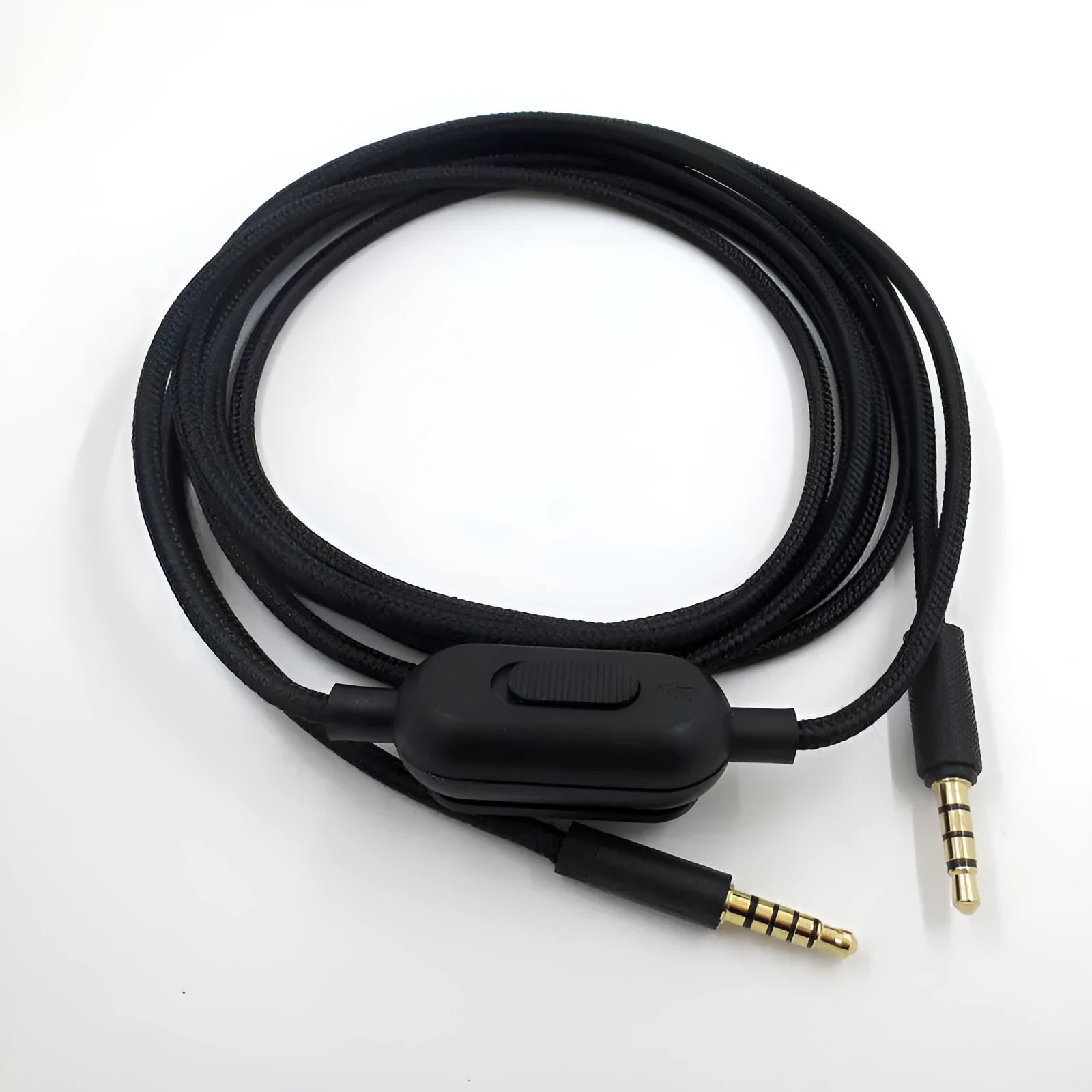 Black universal 3.5mm stereo male-to-male audio cable for gaming headsets and digital devices.