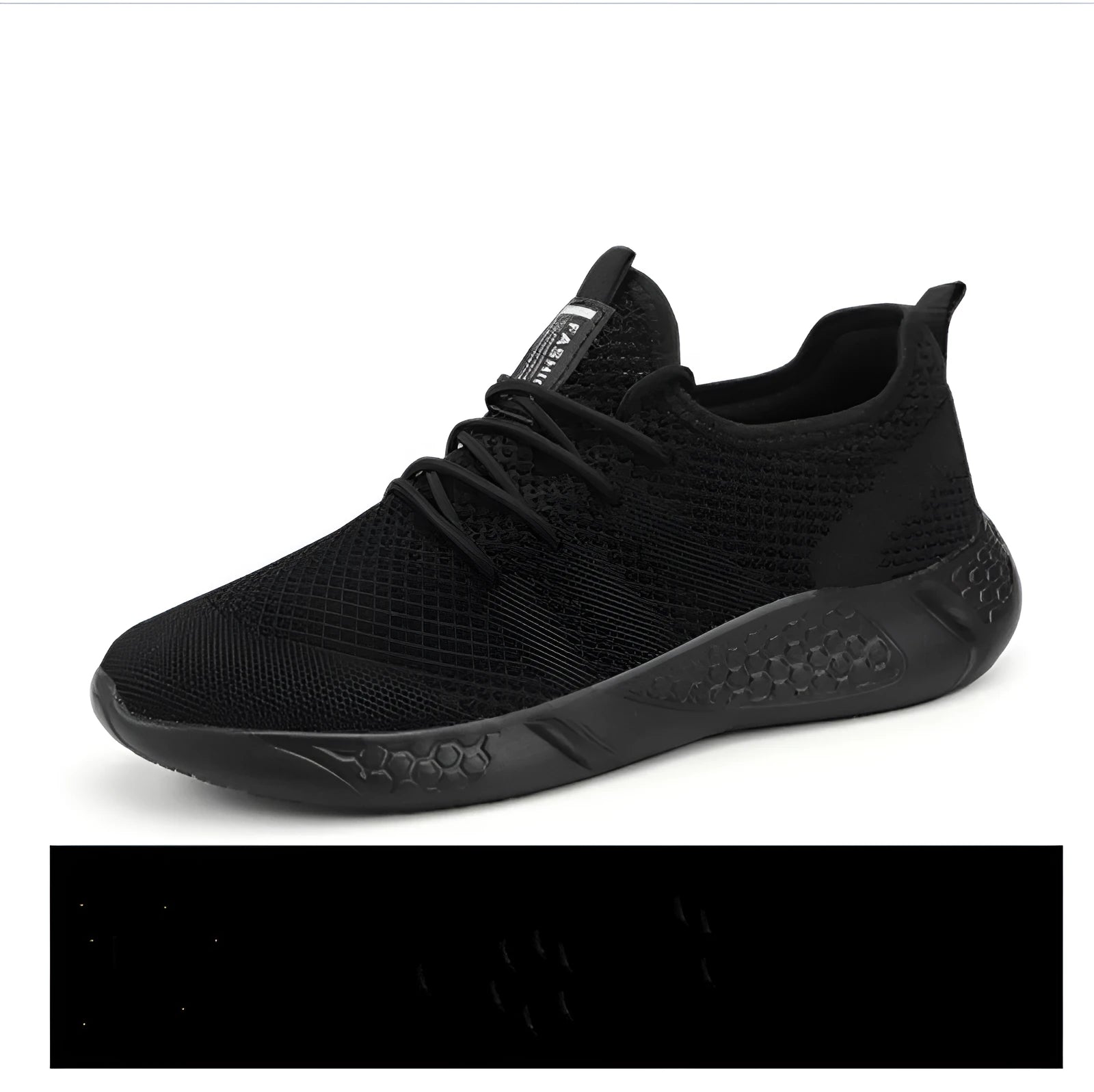 Men's black and white mesh sneakers with PVC sole and lace-up closure for casual sports