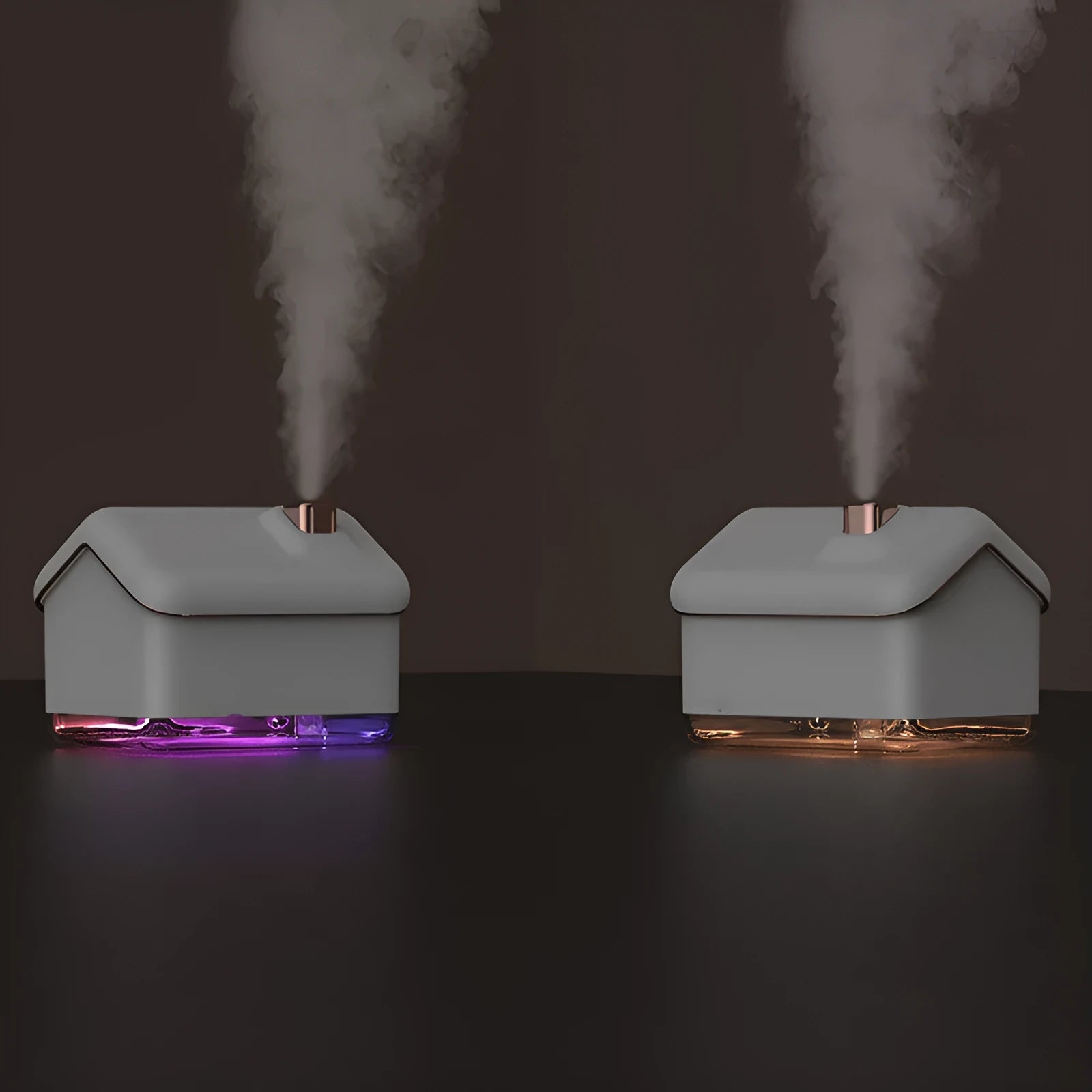 White ultrasonic humidifier and essential oil diffuser with LED light showing mist output
