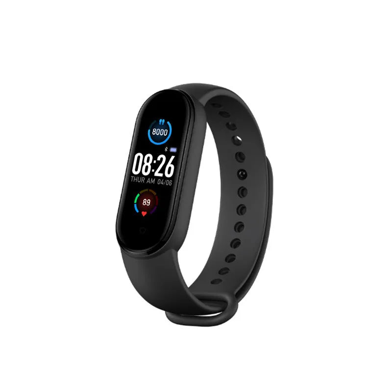 M5 smart bracelet in black colour showing heart rate monitoring on 0.96 inch screen with wrist strap