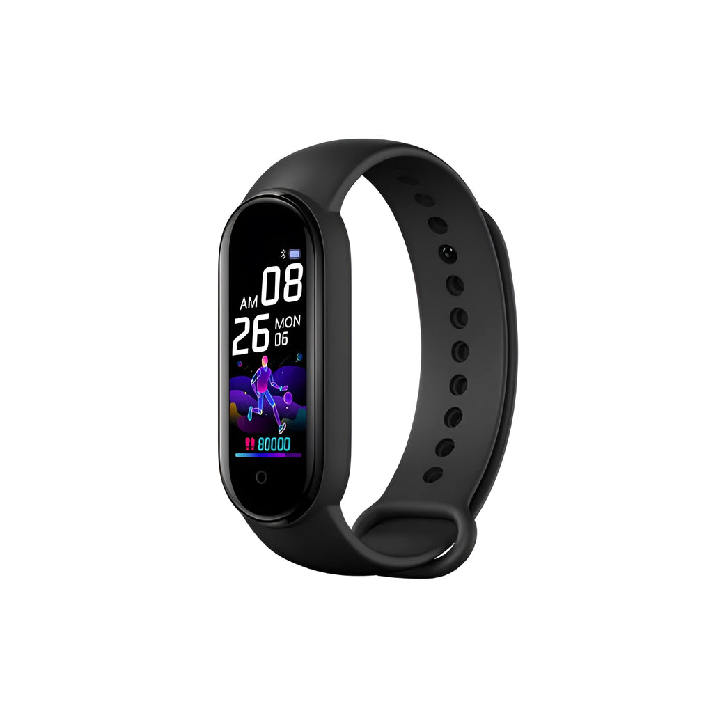 M5 smart bracelet in black colour showing heart rate monitoring on 0.96 inch screen with wrist strap
