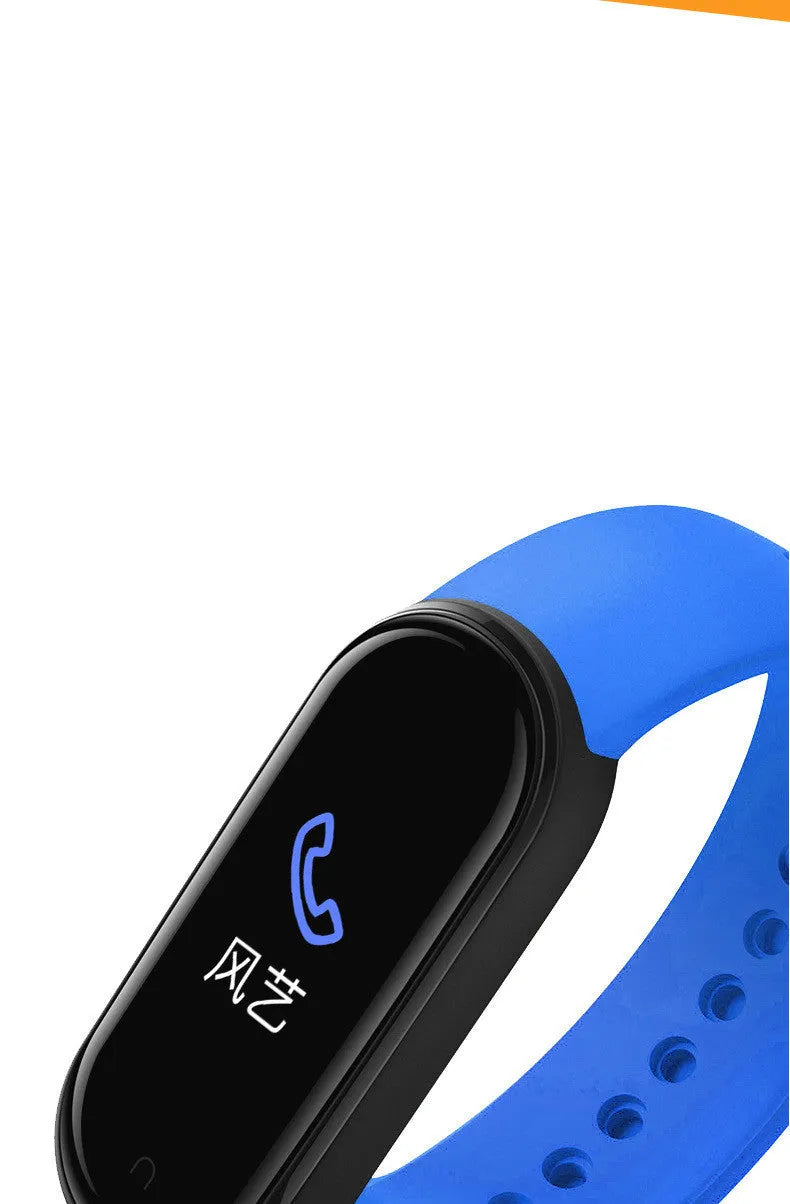 M5 smart bracelet in black colour showing heart rate monitoring on 0.96 inch screen with wrist strap