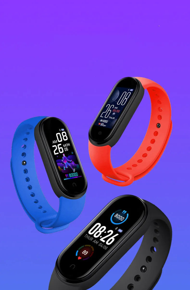 M5 smart bracelet in black colour showing heart rate monitoring on 0.96 inch screen with wrist strap