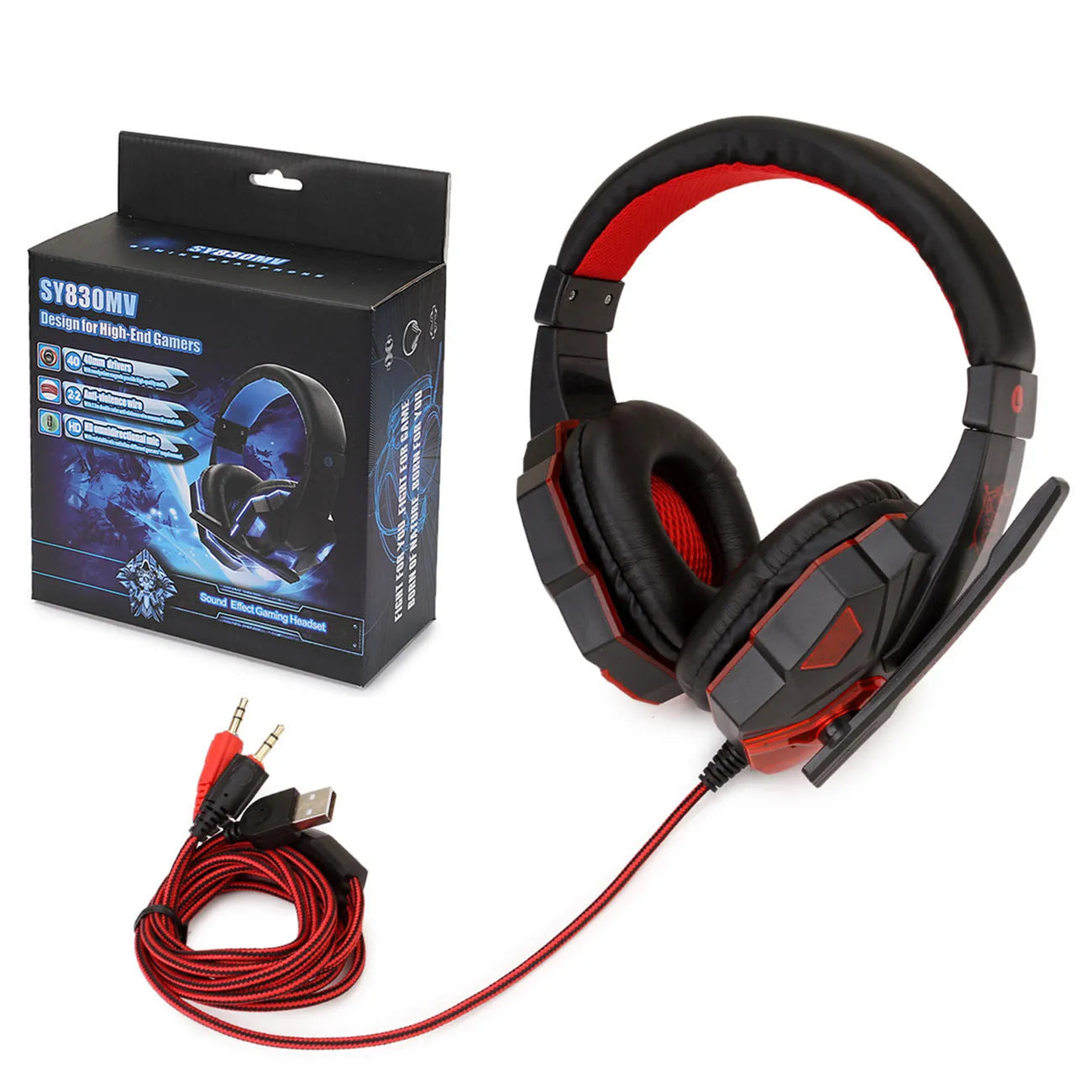 Wired PS4 gaming headset with LED lights on ear cups, tan leather cushions, and braided cable