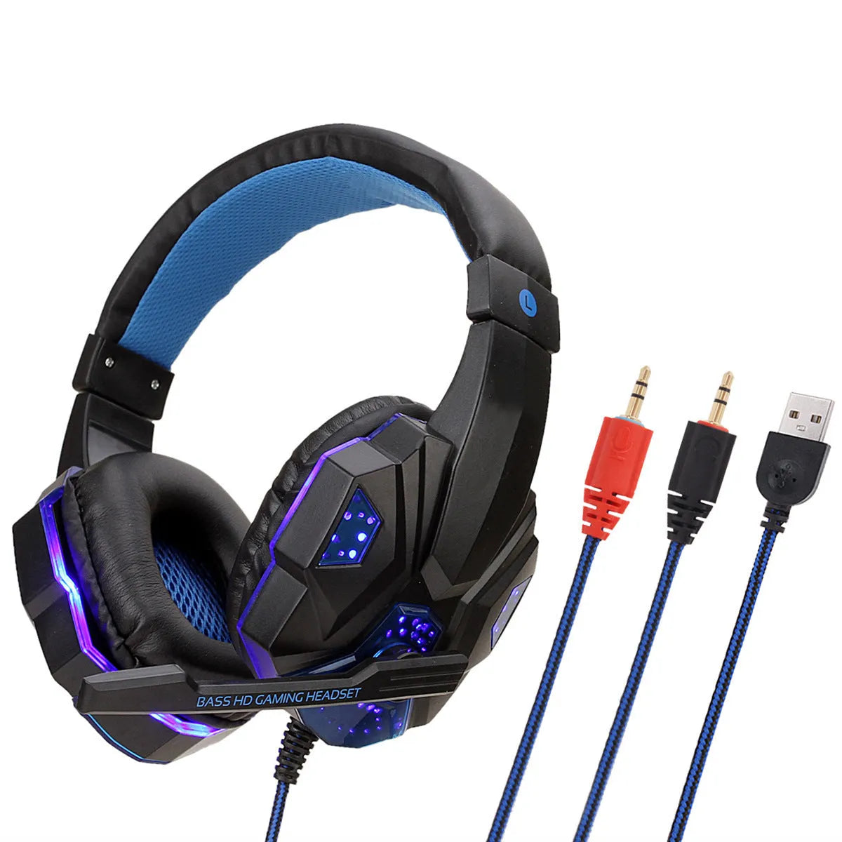 Wired PS4 gaming headset with LED lights on ear cups, tan leather cushions, and braided cable