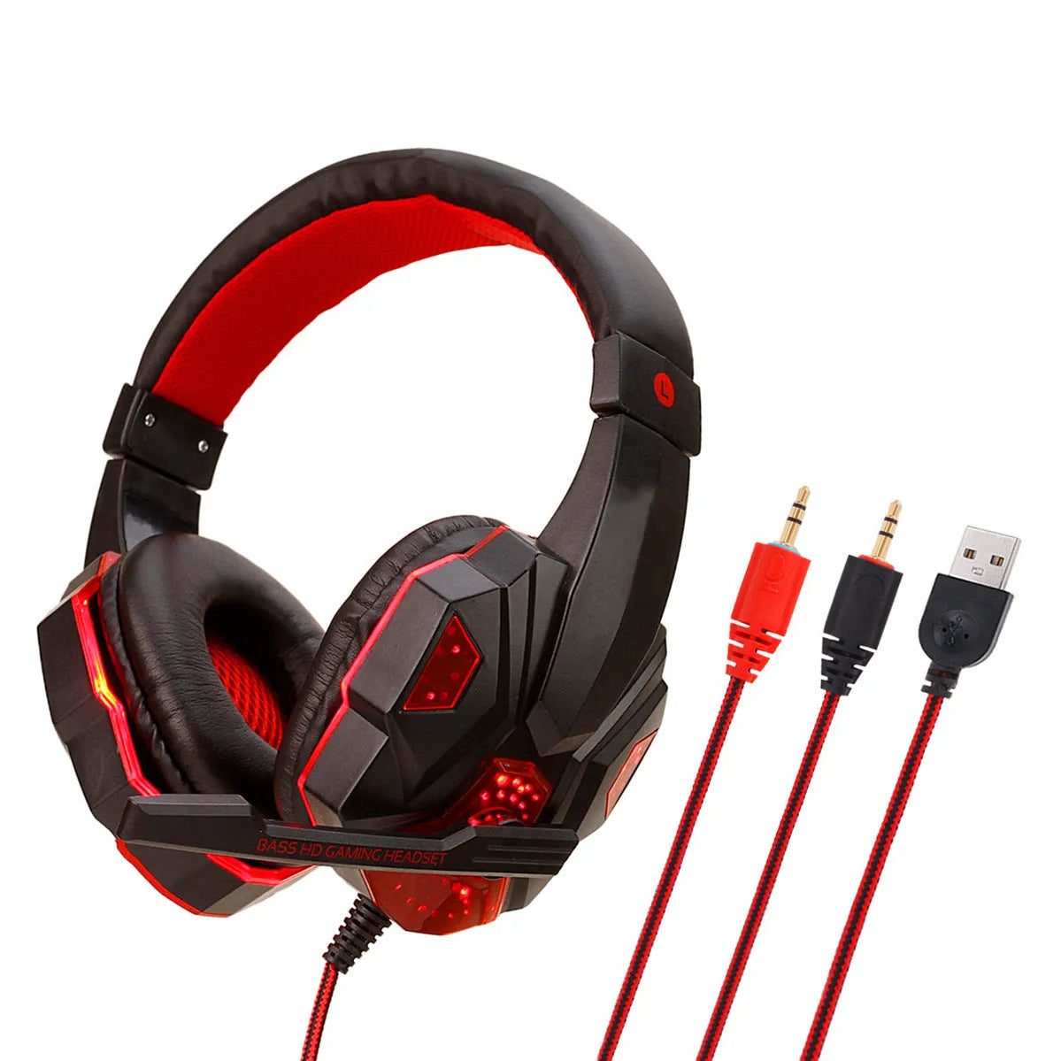 Wired PS4 gaming headset with LED lights on ear cups, tan leather cushions, and braided cable