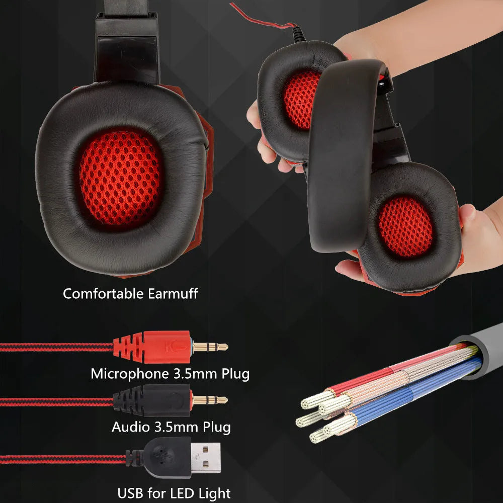 Wired PS4 gaming headset with LED lights on ear cups, tan leather cushions, and braided cable