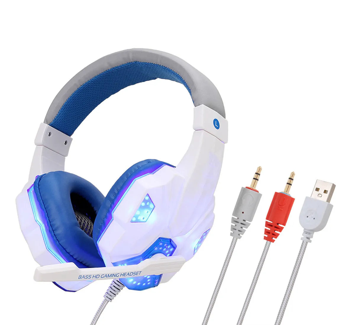 Wired PS4 gaming headset with LED lights on ear cups, tan leather cushions, and braided cable