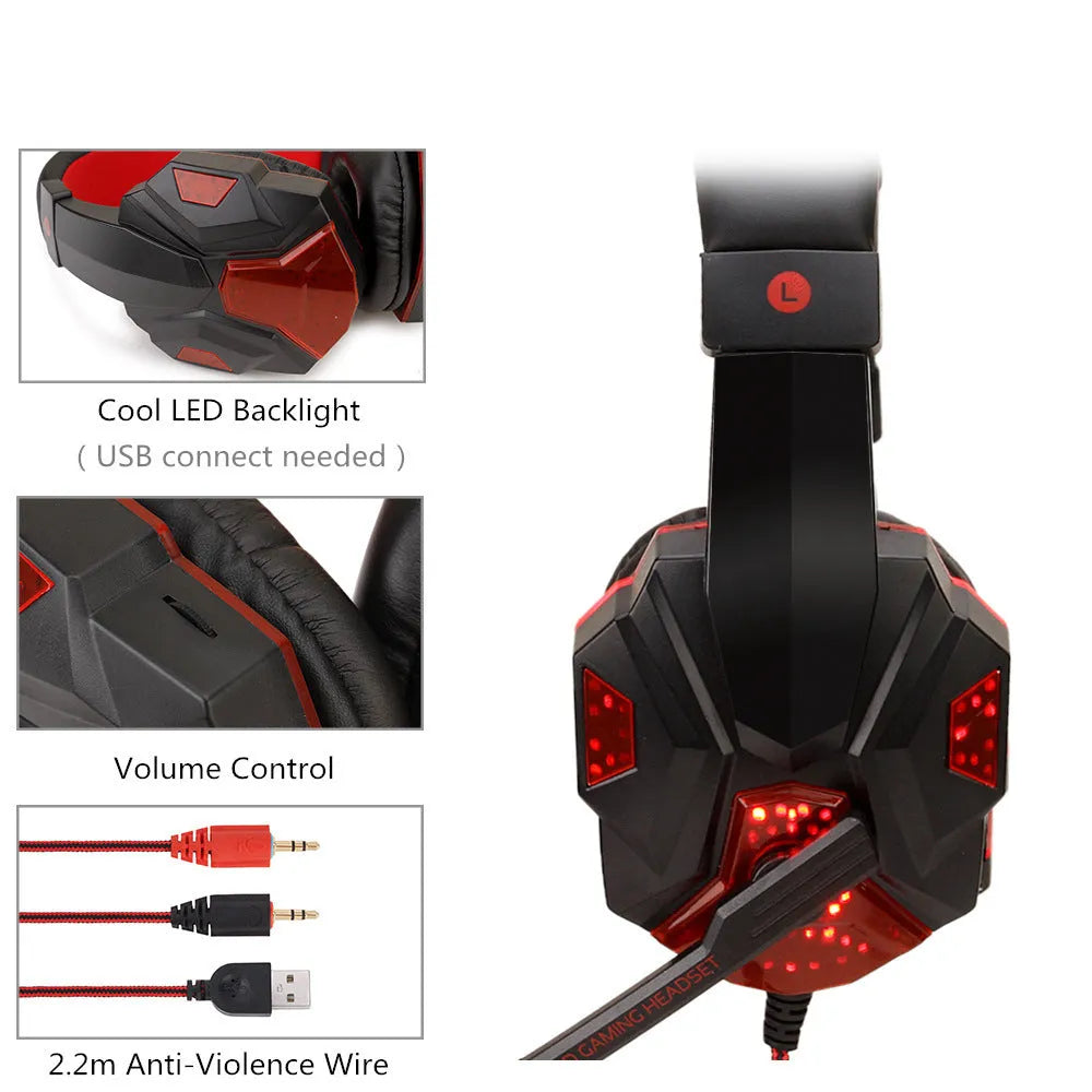 Wired PS4 gaming headset with LED lights on ear cups, tan leather cushions, and braided cable