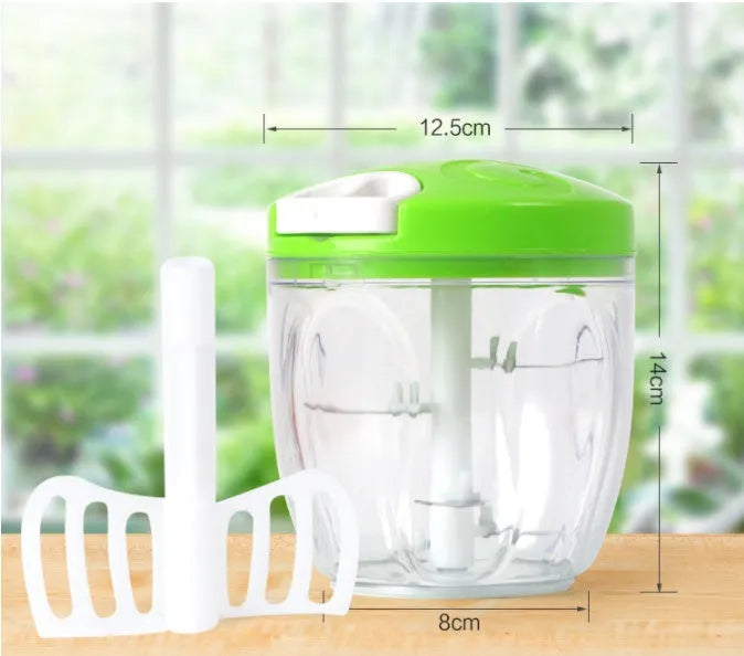 Green manual kitchen chopper with three blades and a 500ml transparent container.