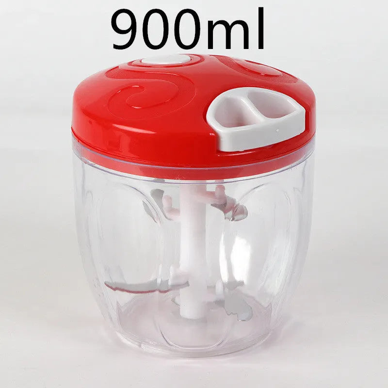Green manual kitchen chopper with three blades and a 500ml transparent container.