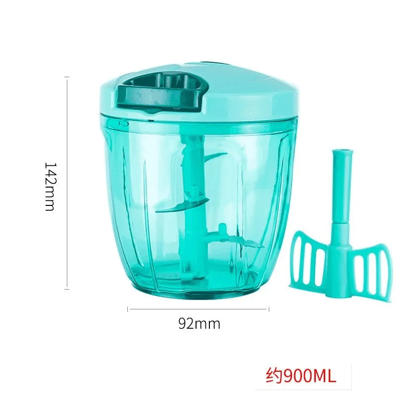 Green manual kitchen chopper with three blades and a 500ml transparent container.