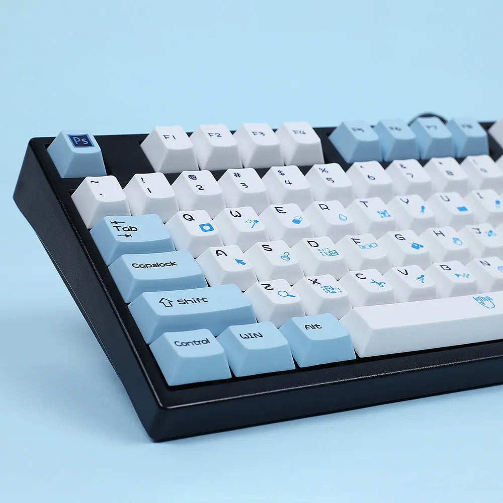 PS theme mechanical keyboard keycap set with sublimation colour printing in blue and white design