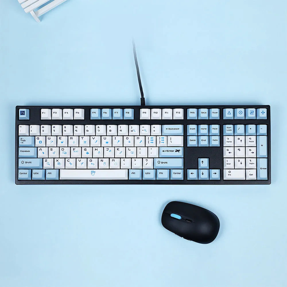 PS theme mechanical keyboard keycap set with sublimation colour printing in blue and white design