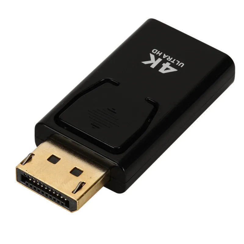Black DisplayPort to HDMI adapter with male DP and female HDMI connectors for 4K video conversion