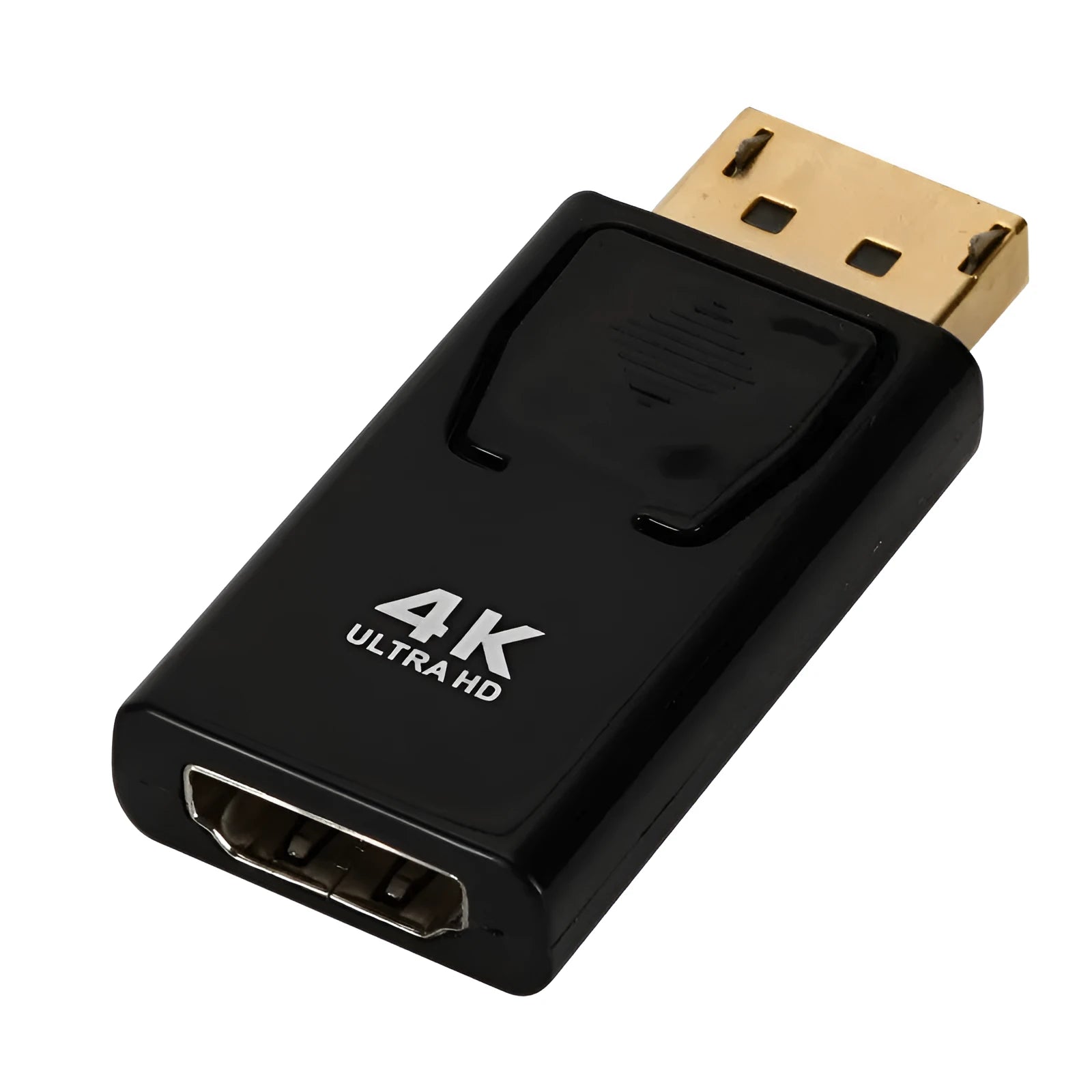 Black DisplayPort to HDMI adapter with male DP and female HDMI connectors for 4K video conversion