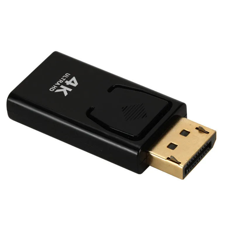 Black DisplayPort to HDMI adapter with male DP and female HDMI connectors for 4K video conversion