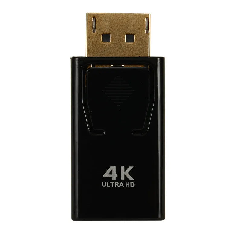 Black DisplayPort to HDMI adapter with male DP and female HDMI connectors for 4K video conversion