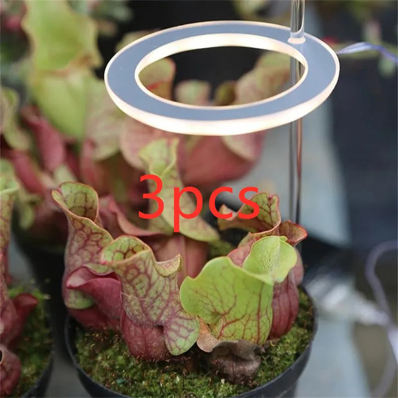 USB-powered LED plant grow light with full spectrum yellow LEDs, acrylic mounting stick, in pink/white colour.