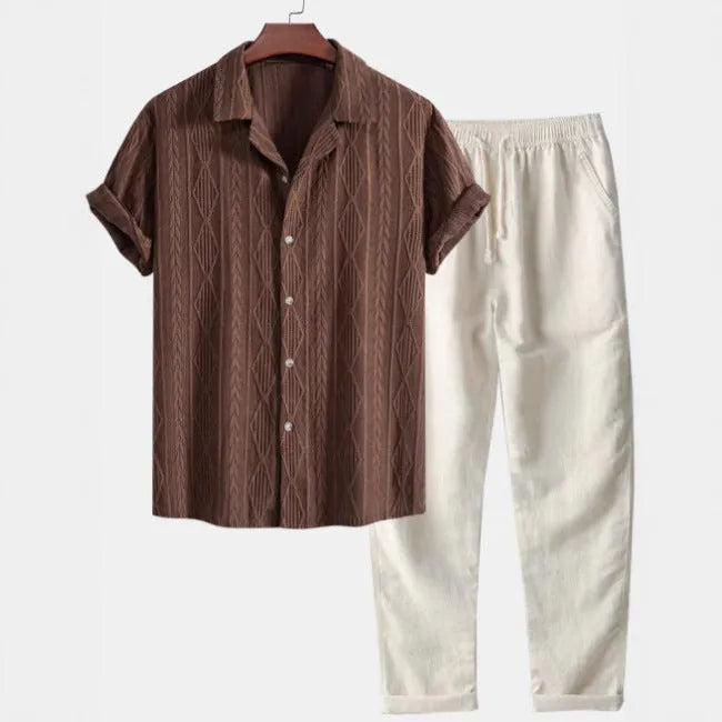Linen polyester casual suit set with digital camouflage print, showing short sleeve shirt and trousers in slim fit