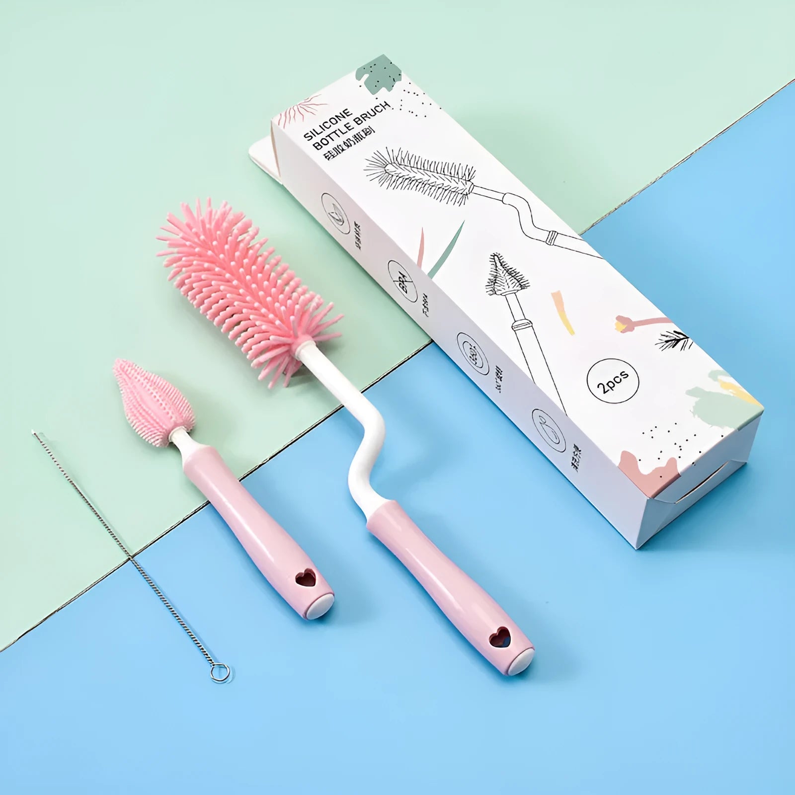 Silicone baby bottle brush set in pink blue and yellow colours for cleaning bottles and straws
