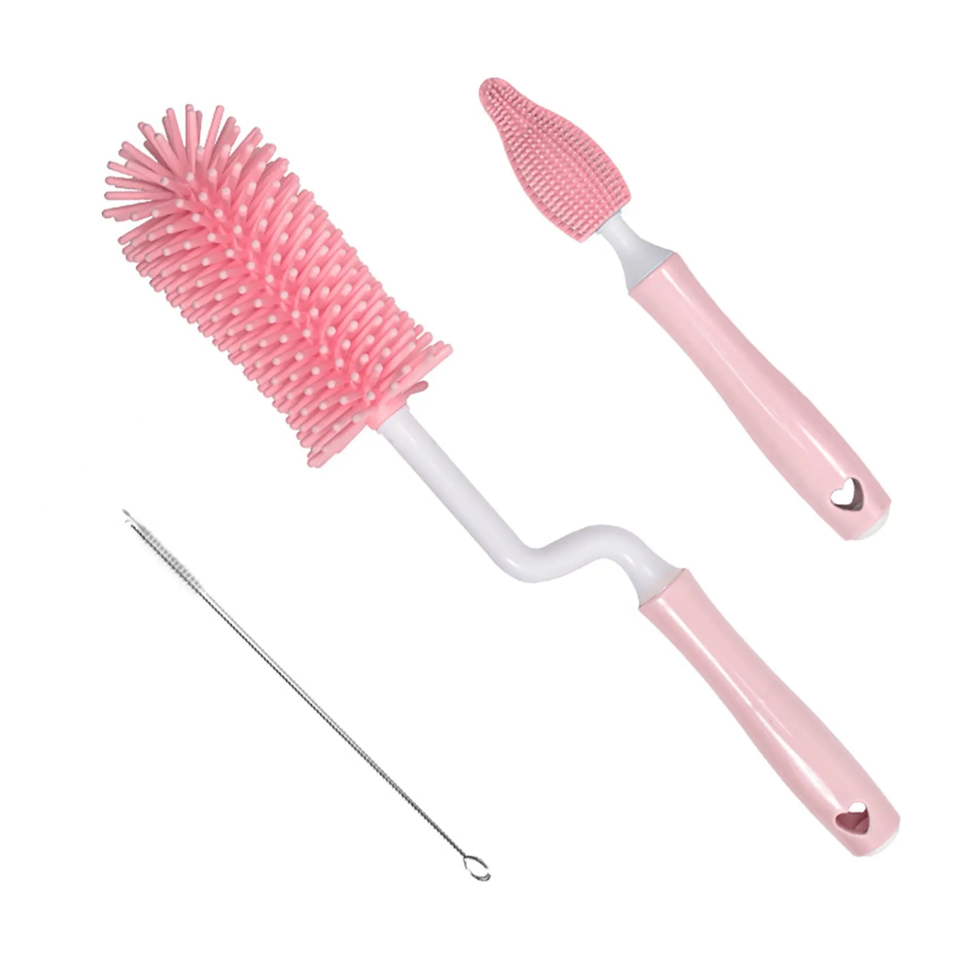 Silicone baby bottle brush set in pink blue and yellow colours for cleaning bottles and straws