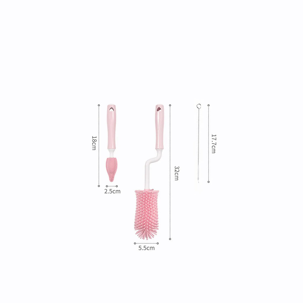 Silicone baby bottle brush set in pink blue and yellow colours for cleaning bottles and straws