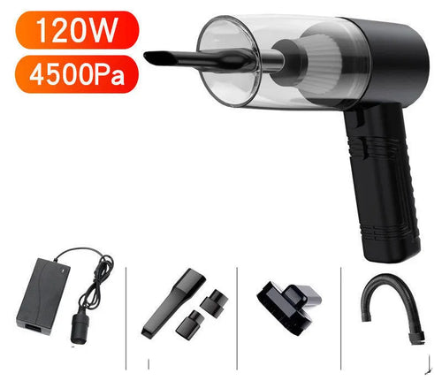 Portable car vacuum cleaner with accessories in black ABS housing