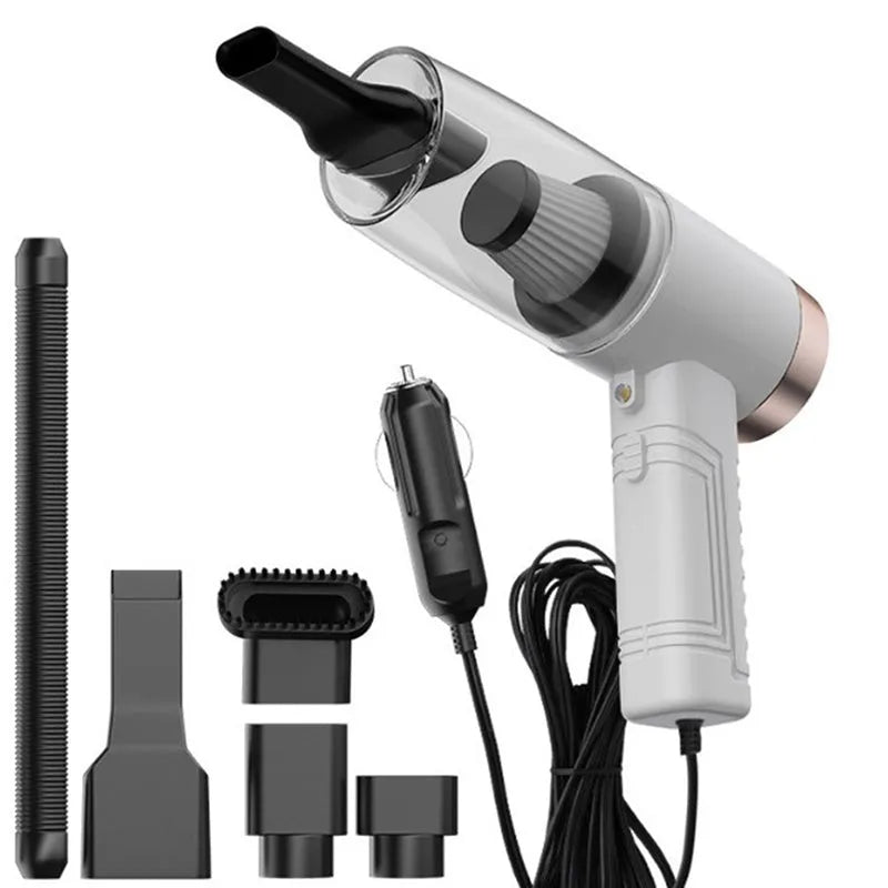 Portable car vacuum cleaner with accessories in black ABS housing