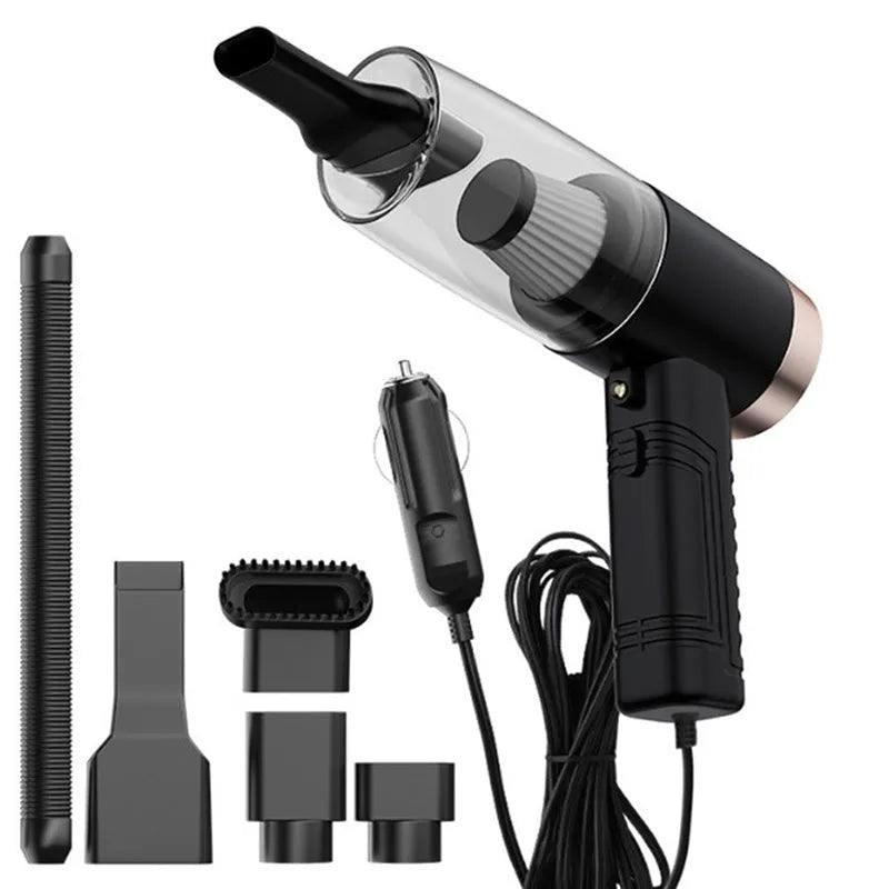 Portable car vacuum cleaner with accessories in black ABS housing