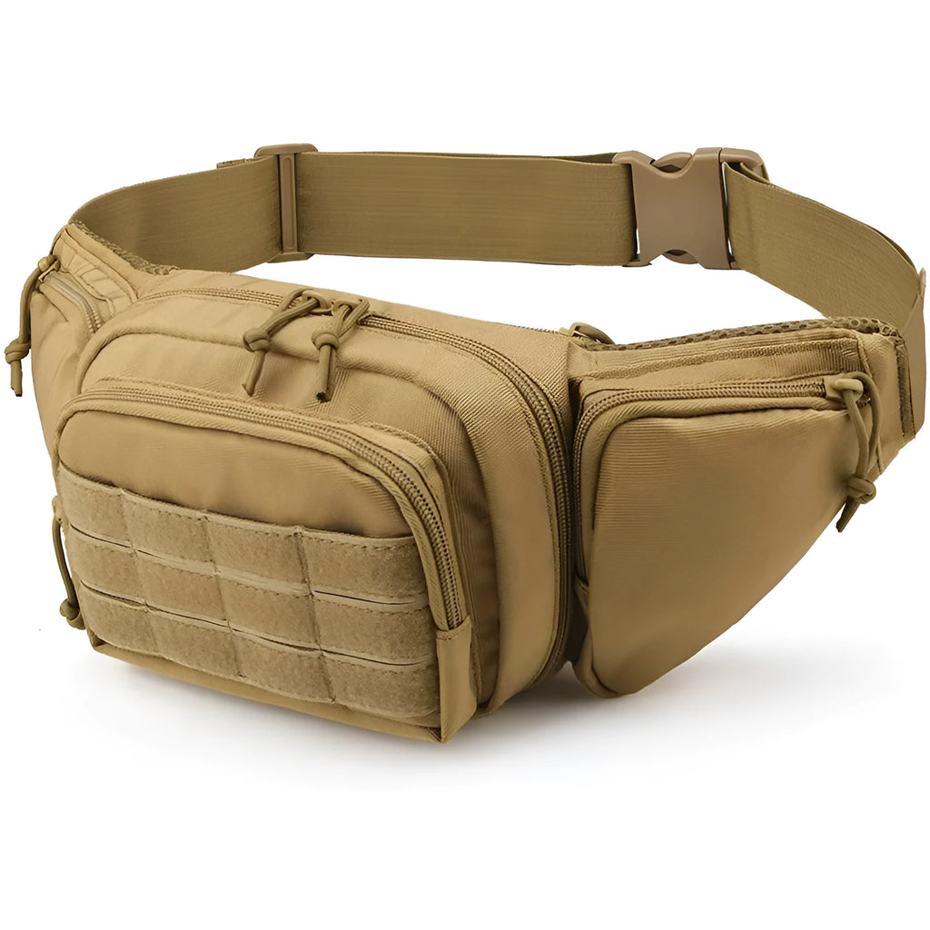 Black tactical waist bag with adjustable belt and storage compartments