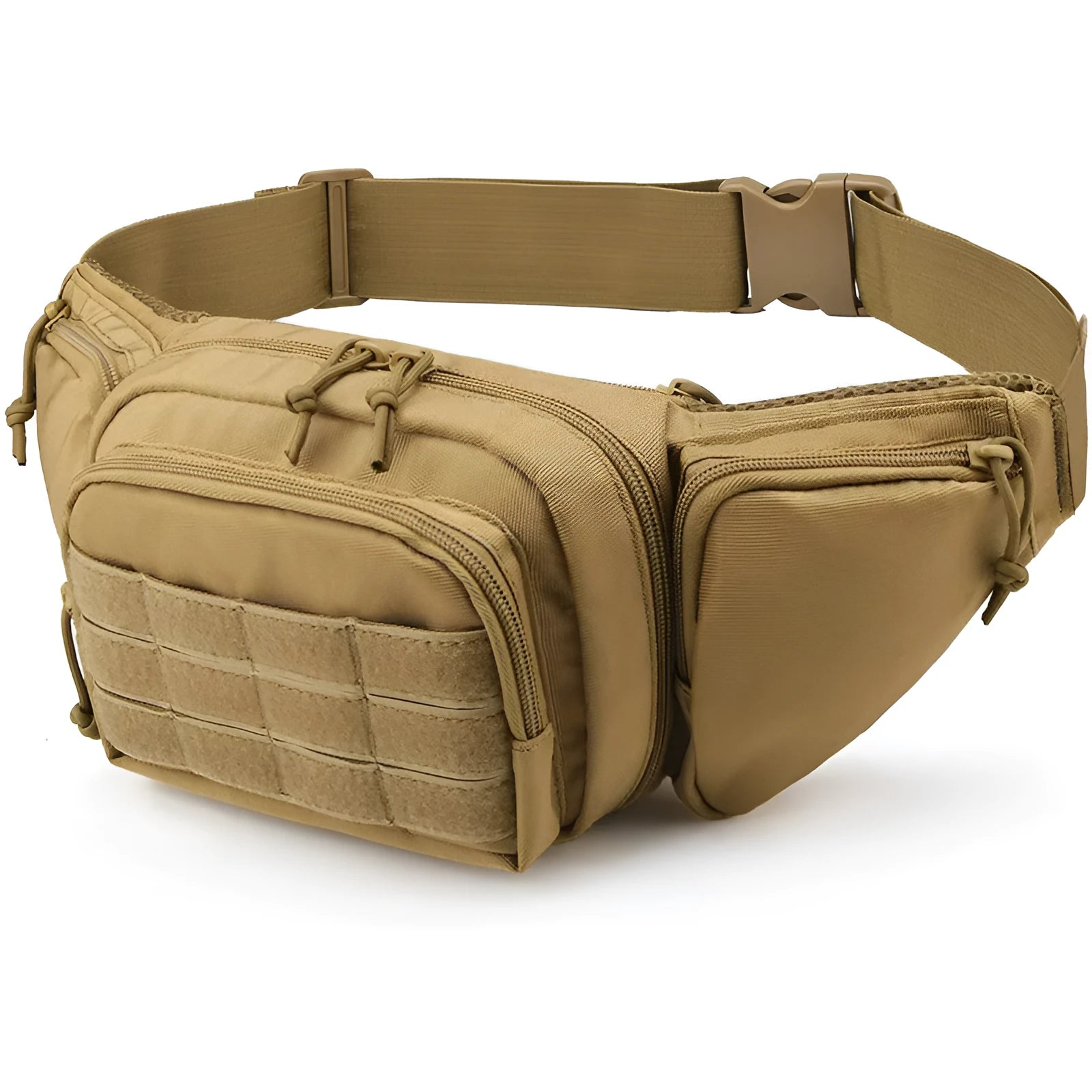 Black tactical waist bag with adjustable belt and storage compartments