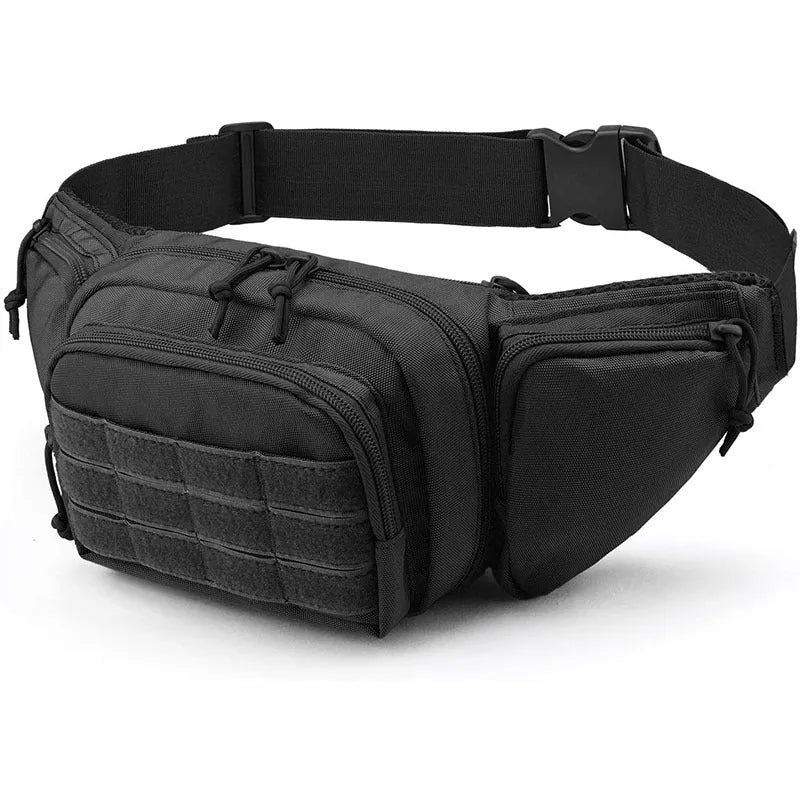 Black tactical waist bag with adjustable belt and storage compartments