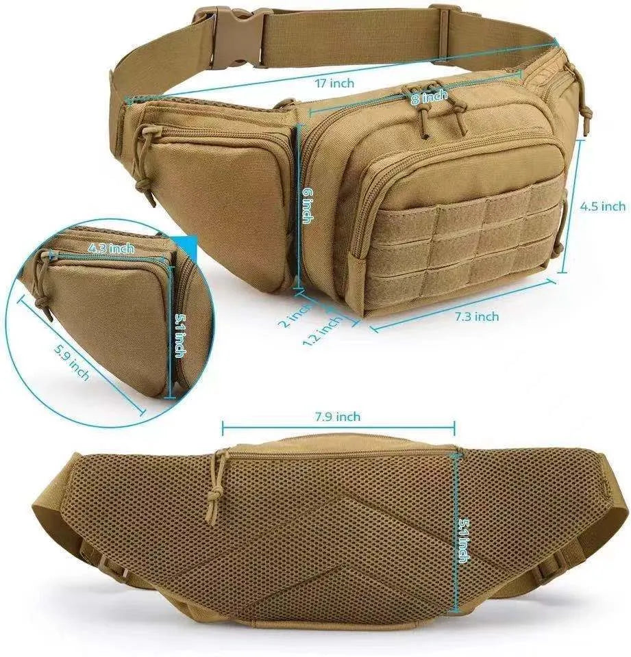 Black tactical waist bag with adjustable belt and storage compartments