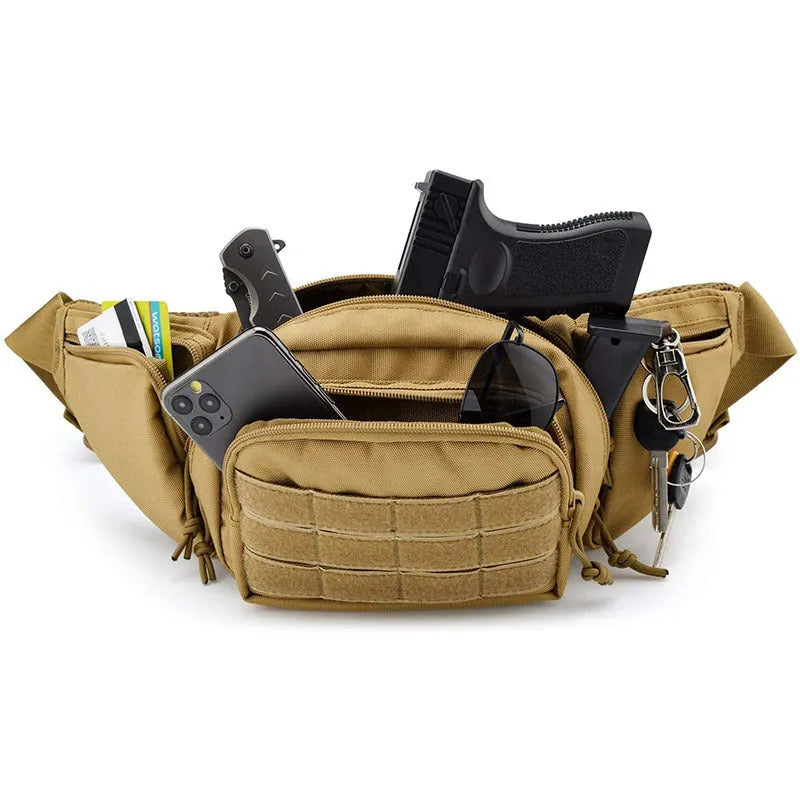 Black tactical waist bag with adjustable belt and storage compartments