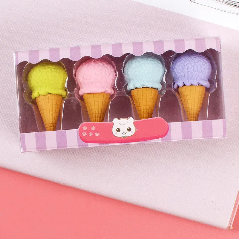 Set of 12 colourful cartoon food erasers including ice creams, donuts, lollipops, and cones.